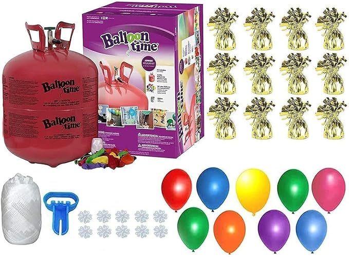 Helium Tank for Balloons At Home, 50 Balloons and White Ribbon, 12 Gold Balloon Weights, Plus Balloon Tying Tool