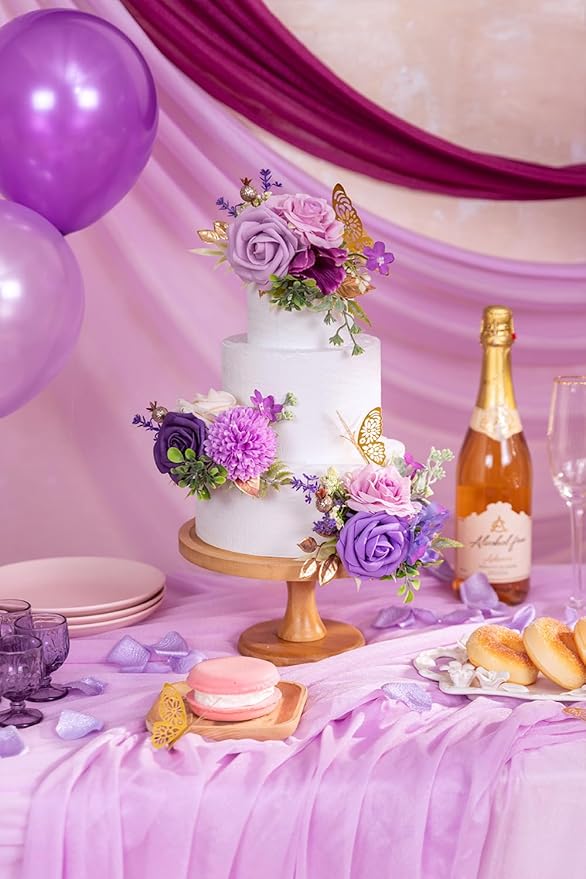 TINGE TIME 3Pcs Pre-made Cake Toppers, Silk Artificial Flowers Decor, Cake Decorations for Weddings, Birthdays, Party,Baby Shower,Celebration (Purple)
