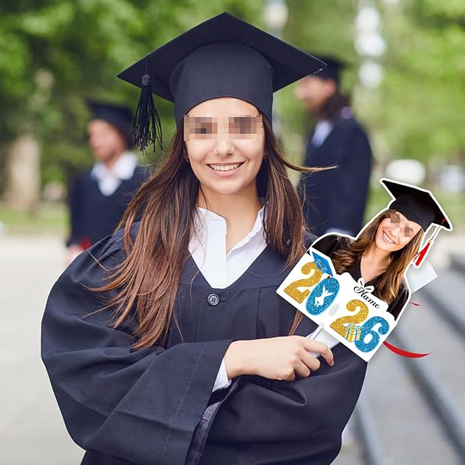 Personalized Graduation Face Fan 2026 Grade Custom Double Sided Face Cutout Fan with Handle Photo Booth Prop Party Supplies(B-Sky Blue and Gold,12pcs)