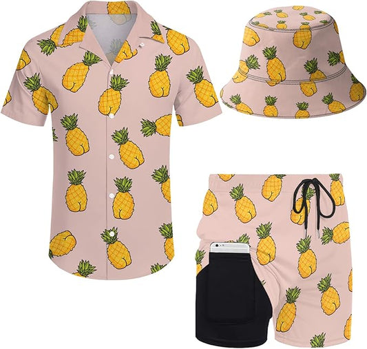 Men's Hawaiian Shirt and Shorts Set 2 Piece Beach Outfits with Bucket Hats for Beach Days and Summer Vibes