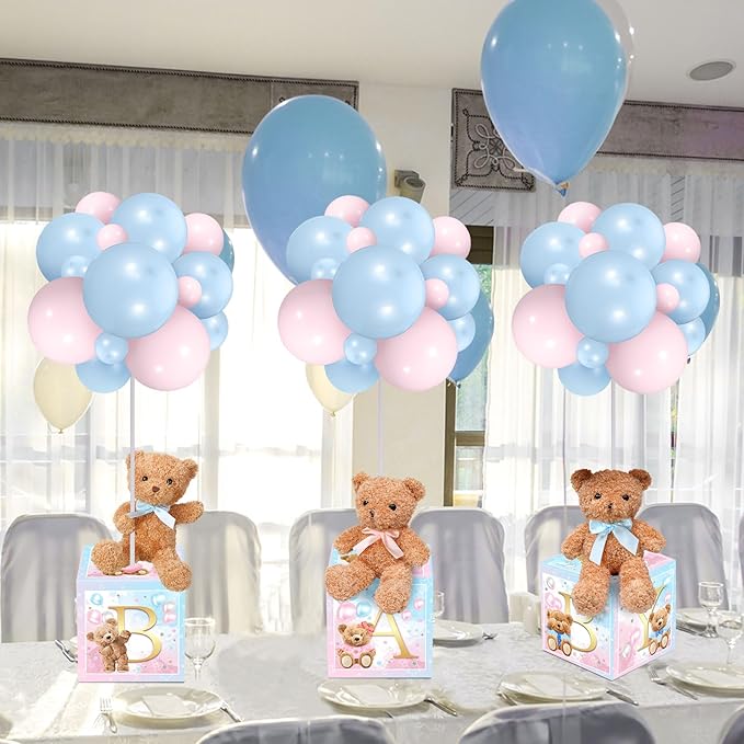 Lenwen 6 Sets Baby Letter Boxes Decorations Table Centerpieces for Baby Shower Gender Reveal,Bear Stuffed Animals Balloon with Stand Plush Toy Boxes for Birthday Party Wedding(Bear,Pink Blue)