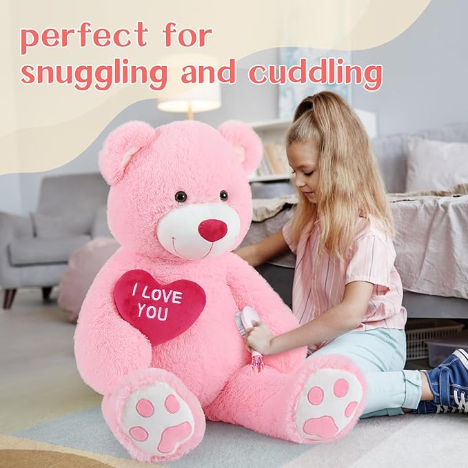 Red Heart Giant Teddy Bears, Big Teddy Bear Stuffed Animals with Embroidered I Love You for Girlfriend, Huge Valentines Fluffy Teddy Bear Birthday Gifts (Pink, 36 inches)