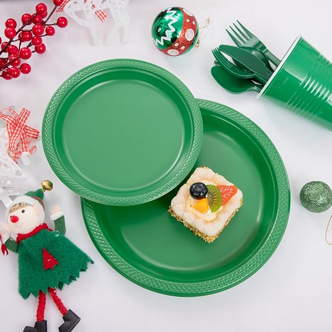 MirthMood 350pcs Green Plastic Plates, green Plates Set, Including Green Disposable Plates and Napkins, Plastic Cutlery and 12OZ Cups, Serve 50 Guests for Party & Wedding