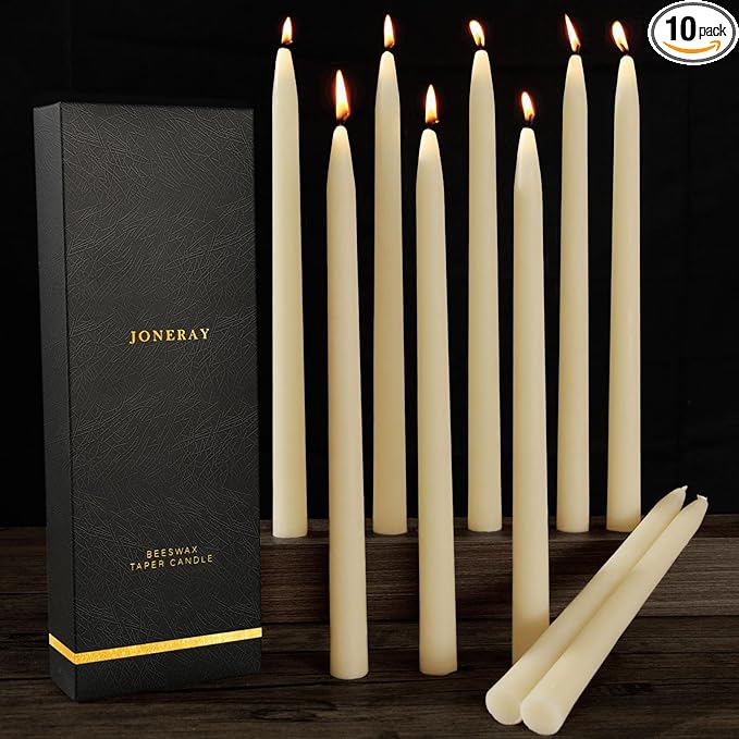 12-inch Ivory Beeswax Taper Candles - 9 Hour Long Burn Time, Pure Natural Non-Toxic Beeswax Candles, 10 Pack