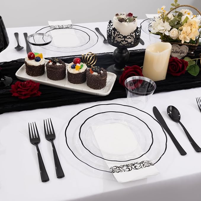 LIYH 700 Pcs Clear Black Plastic Dinnerware Set for 100 Guests, Disposable Plastic Wavy Black Plates for Party Include Dinner & Dessert Plates, Napkins, Cups, Cutlery for New Years Day