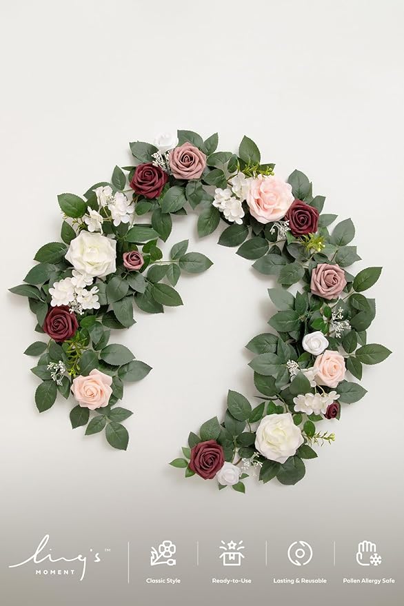 Ling's moment 5FT Dusty Rose Artificial Flower Garland Blush Rose Leaves Floral Garland Arch Flowers Vine for Wedding Party Backdrop Decor Mantel Home Table Centerpieces Wall Decorations Cream