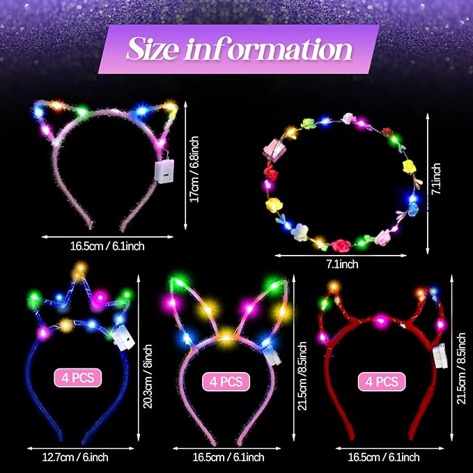 Xinnun 50 Pcs LED Cat Ear Headbands Bulk, Light up Flower Headband Glow Crown Rabbit Ear Head Accessories for Glow in the Dark Party for Valentine's Day Easter Mardi Gras Carnival Bachelorette