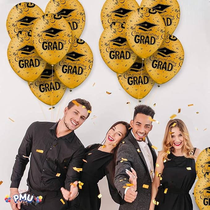 PMU 100 Pcs Gold Graduation Balloons Class of 2025 with All-Over Print White Grad Caps-Confetti and Streamers | Graduation Party Supplies | Congratulations Grad Latex Balloons Latex