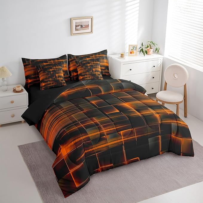 Feelyou Orange Black Bedding Set Full Size Boys Girls Geometric Strip Lines Comforter Set with Sheets 7 Piece for Bed in a Bag Abstract Modern Bed Set with Comforter,Sheets,Pillowcases