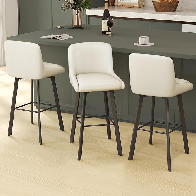 Swivel Bar Stools, 29''H Upholstered Barstools with Backs, Modern Counter Height Bar Stool Chairs for Kitchen Island, Metal Legs (Beige- Faux Leather, Set of 3-29" H)