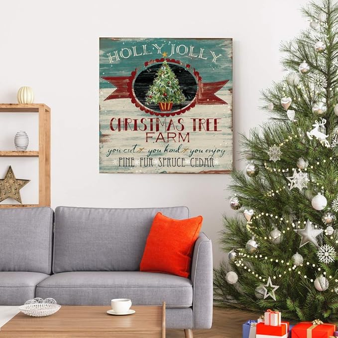 Renditions Gallery Holly Jolly Christmas Tree Farm Wall Art, Cute Winter Decor, Vintage Faux Wood Look, Festive, Premium Gallery Wrapped Canvas, Ready to Hang, 32 in H x 32 in W, Made in America