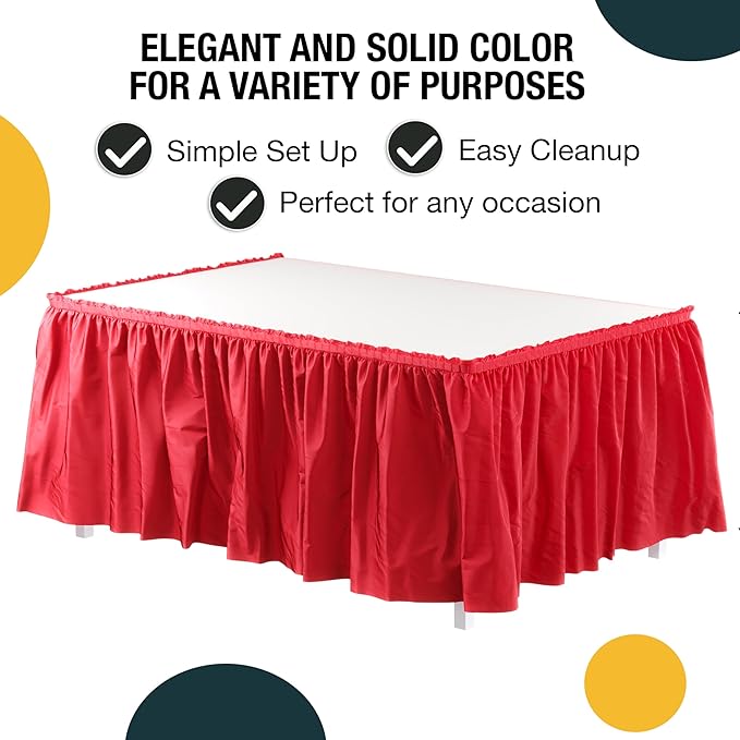 Exquisite Ruffle Table Skirt Red 48 Pack 14 Ft Long Table Skirts for Rectangle Tables 6ft Plus or Round Tables Skirts with Adhesive Strip for Gender Reveal Decor & Happy Birthday Parties