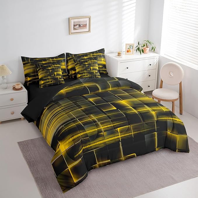Feelyou Yellow Black Bedding Set Twin Size Boys Girls Geometric Strip Lines Comforter Set with Sheets 7 Piece forBed in a Bag Abstract Modern Bed Set with Comforter,Sheets,Pillowcases