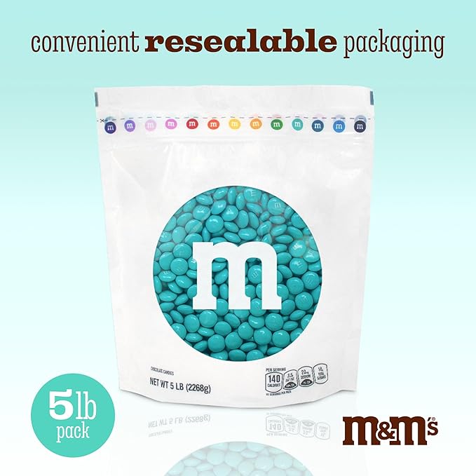 M&M’S WORLD Aqua Milk Chocolate Candy, 5lbs of M&M'S in Resealable Pack for Candy Bars, Birthday Parties, Graduations, Dessert Tables & DIY Favors