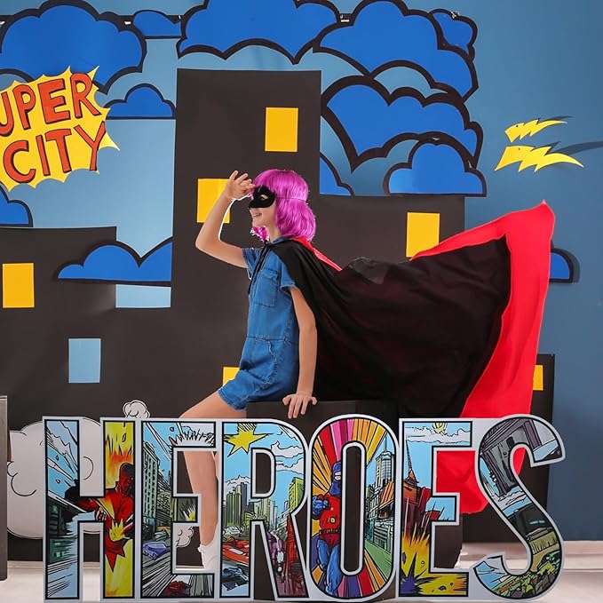 Bucherry 7.7ft Heroes Comic Letter Cardboard Cutout Stand up Life Size Hero Themed Party Decoration Backdrop Photo Props Stand up for Theme Activities Supply