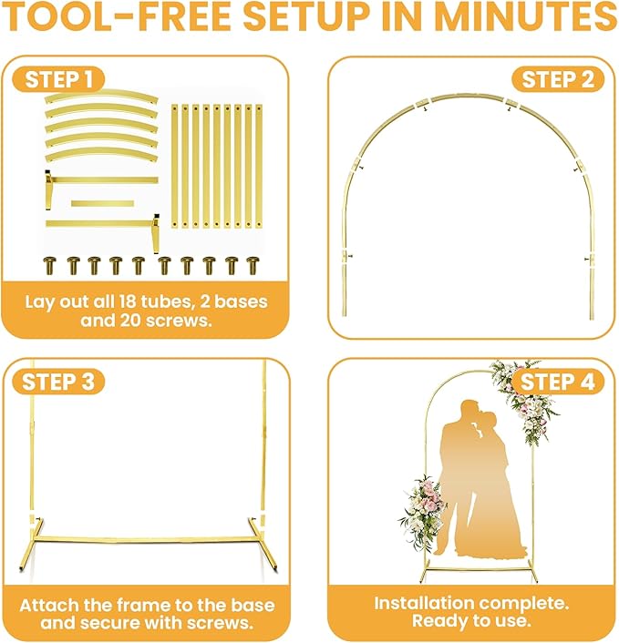 Arch Backdrop Stand – 7.2ft Metal Arch for Backdrop Set with Water Bag Base, Balloon Adhesive, Ribbon, Storage Bag – Strong Stable Gold Arched Frame for Wedding, Baby Shower, Birthday