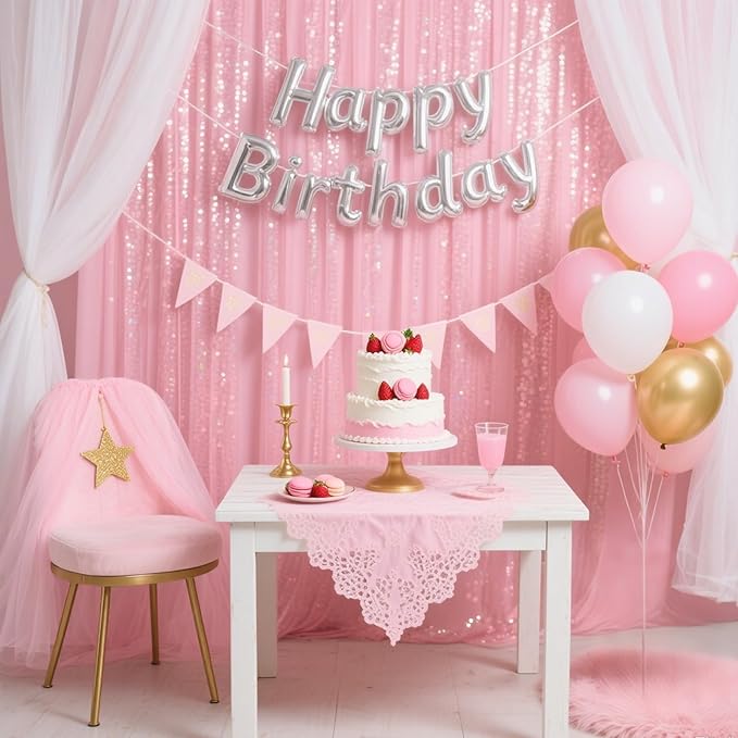 Pink Sequin Backdrop Curtain - 4PCS (2FTx8FT) Glitter Photo Background for Wedding, Christmas, Party, Baby Shower & Stage Decorations (Pink, 2x8ft 4 Panels)