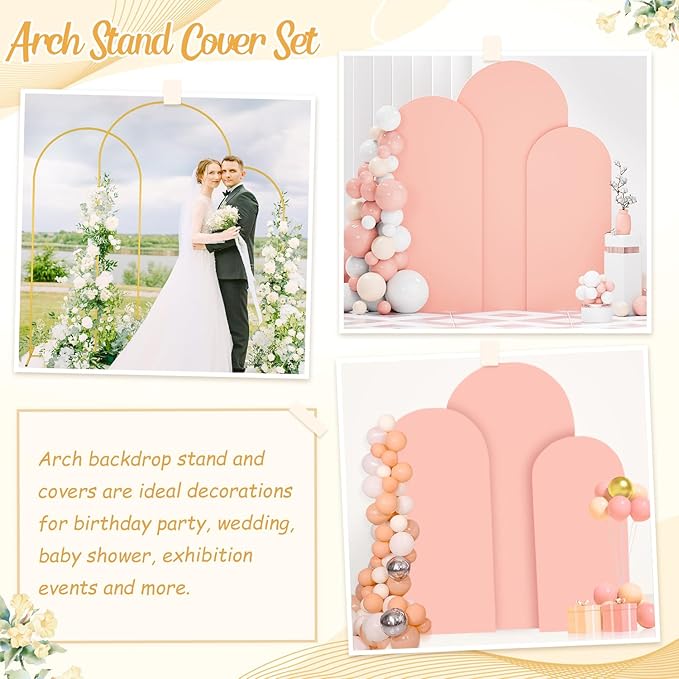 Arch Backdrop Stand Set of 3 with Covers 7.2FT 6.6FT 6FT Dusty Rose Arch Covers Stretchy Fabric Wedding Arched Frame and Spandex Arch Stand Cover Chiara Backdrop Cover for Balloon Party