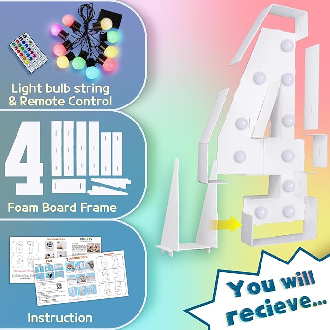 imprsv 4FT Colorful Marquee Numbers,18 Colors with Remote, Light Up Numbers 4 for 4th 40th Birthday Decorations Anniversary Party Decor, Pre-Cut Foam Board Kit, Mosaic Sign for Balloon