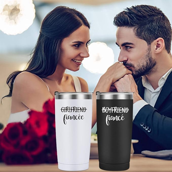 Engagement Gifts for Couples, Boyfriend and Girlfriend Travel Tumbler Set, Engaged Anniversary Ideas for Couples Fiance Fiancee Her Him Women Friend, 20oz Stainless Steel Insulated Tumbler with Lid