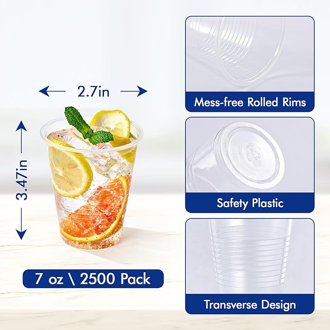 Turbo Bee 2500Pack 7oz Plastic Cups Disposable,Drinking Cups, Clear Plastic Tumblers for Birthday Parties, Picnics, Ceremonies, and Weddings