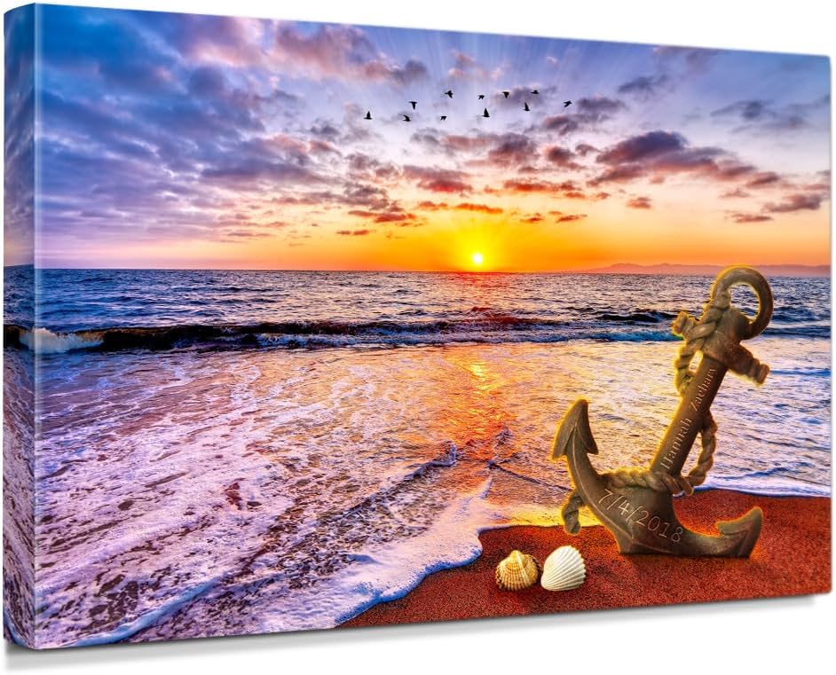 IPIC - "Anchored in Time Personalized Canvas Wall Art, Custom Beach Sunset Canvas Print with Name and Date, A Personalized Gift for Couple, Wedding, or Anniversary, Coastal Home Decor