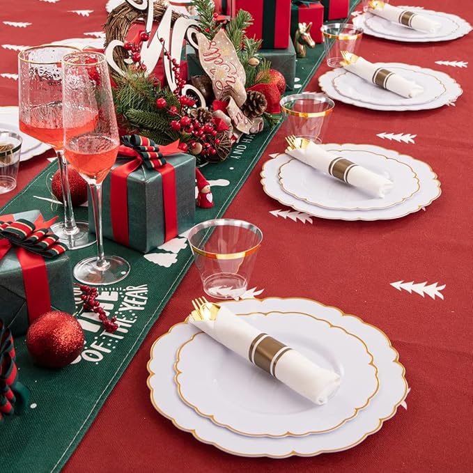 Morejoy 175PCS Gold Plastic Plates，White Gold Disposable Plates with Pre Rolled Napkins:25 Dinner Plates,25 Dessert Plates,25 Spoons,25 Forks,25Knives,25Cups,25Napkins for Party & Christmas