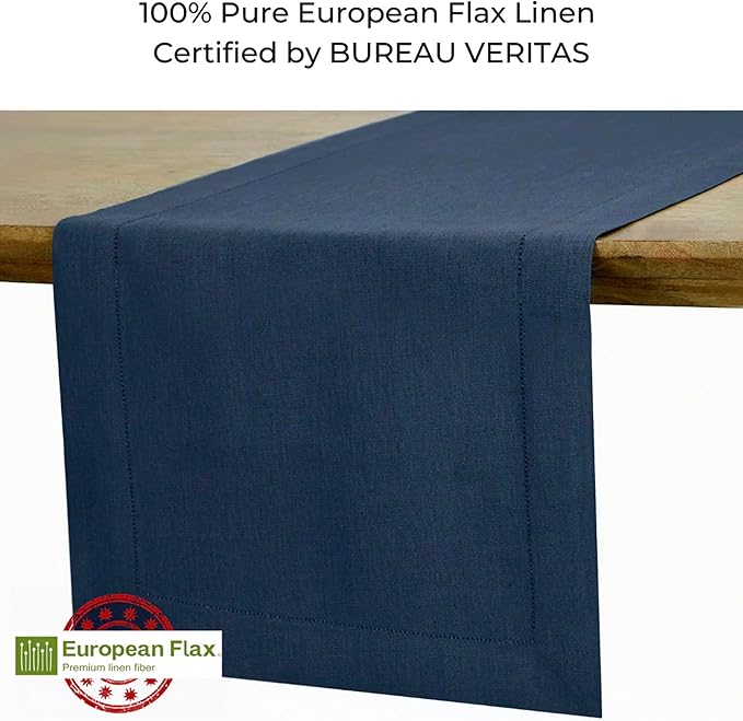 D'Moksha Homes Linen Navy Blue Table Runner 144 Inches Long - 100% Pure Linen Extra Long Table Runner 14 x 144 Inch for Easter - Classic Hemstitch