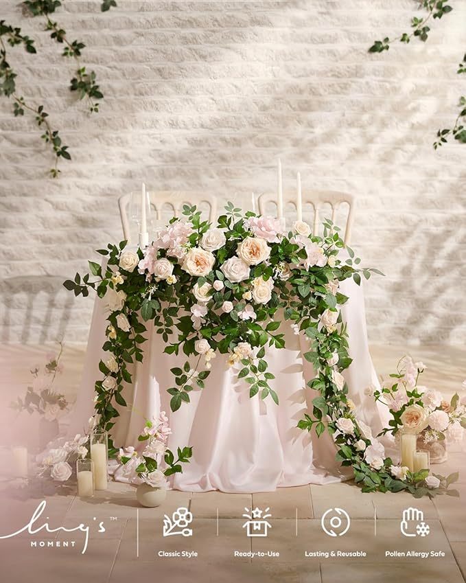 Ling's Moment 9FT Spring Flower Garland for Backdrop Decorations - Wedding Arch Flowers, Eucalyptus & Rose, Artificial Floral Garland for Mantel - Sweetheart Table Decor for Reception, Cream