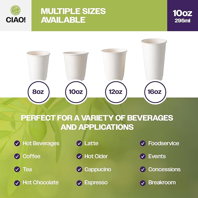 CIAO! 10 oz Insulated Double Wall White Paper Hot Cup, 90mm Diameter, 500 Count
