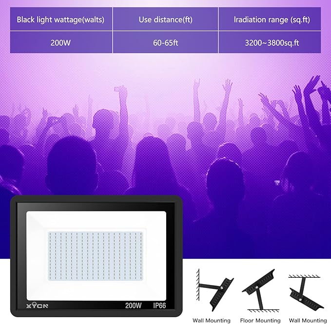 2 Pack 200W LED Black Lights Outdoor, Flood Light with Plug, 395nm to 410nm IP66 Waterproof for Dance Party, Glow in The Dark, Stage Lighting, Body Paint, Fluorescent Poster, Neon Glow