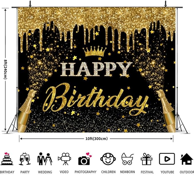 Black Gold Happy Birthday Backdrop Banner 10x8ft Glitter Black and Gold Happy Birthday Photography Background Happy Birthday Banner for Men Women Happy Birthday Party Backdrop
