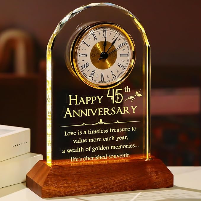 YWHL 45th Wedding Anniversary Clock Gifts for Parents Granddaughters, 45 Years for Couples, Glass Clock Presents with Wooden Light Base for Home Decoration (Battery not Included)
