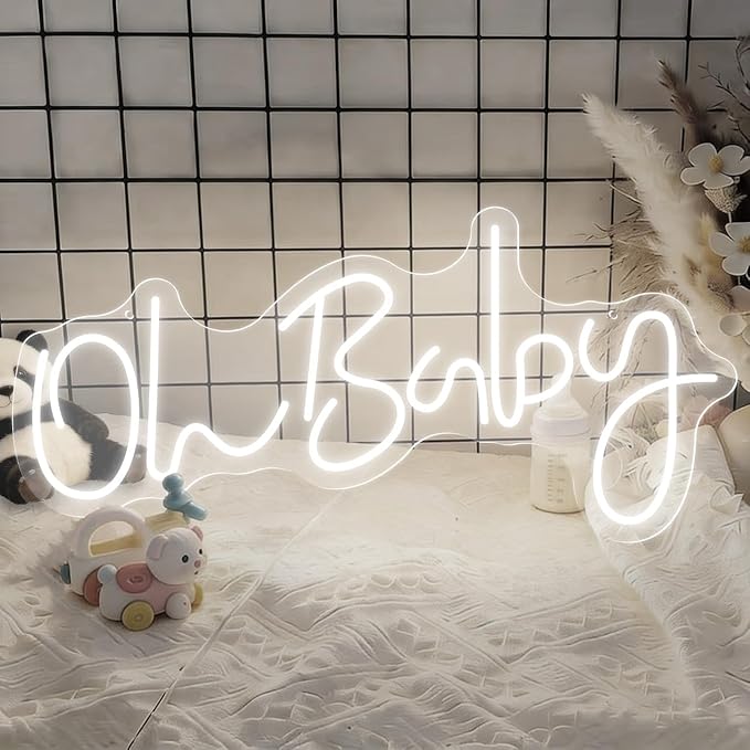 HMT Oh Baby Neon Sign for Backdrop Wall Decor Large Size 19.6×8.6 Inch LED Neon Lights for Baby Shower Decorations Boy and Girl Room Decor LED Light Up Sign for Party Decorations Photo Prop USB (White)