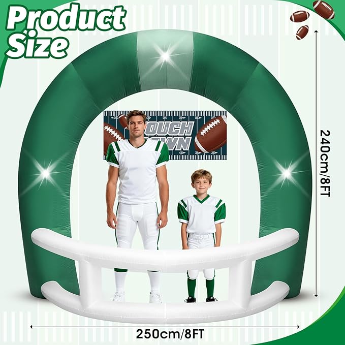 8FT Green and White Football Helmet Inflatable Arch with Game Day Banner, Giant Outdoor Blow Up Football Helmet with Built-in 3 LED Lights for Football Themed Birthday Party Lawn Yard Decoration