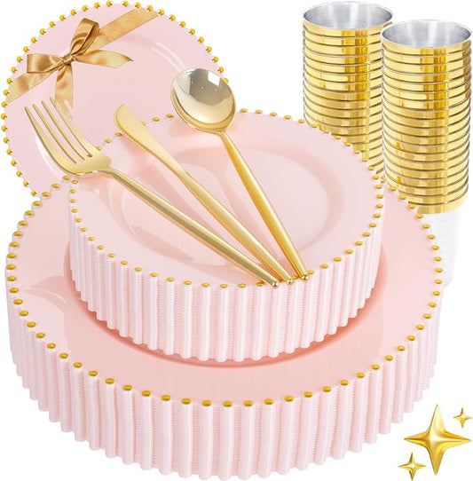 180pcs Pink Plastic Plates with Gold Beads,Elegant Heavy Duty Disposable Plates,Pink and Gold Dinnerware Set Include 10.25" Dinner Plate and 7.5" Dessert Plate with Plastic Silverware and Cups Party