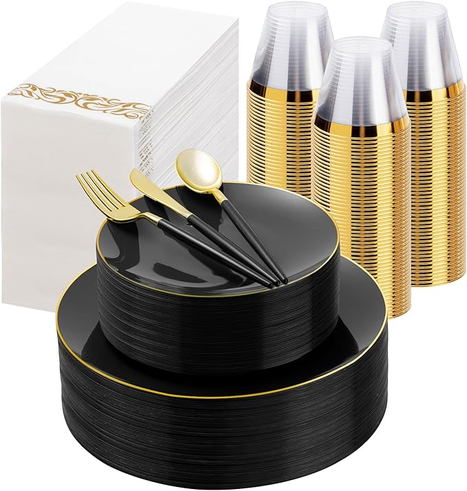 350 Pieces Black Gold Plastic Dinnerware Set, Gold Disposable Plates for Party, Include 100 Black Plates with 150 Plastic Cutlery, 50 Napkins and 50 Cups
