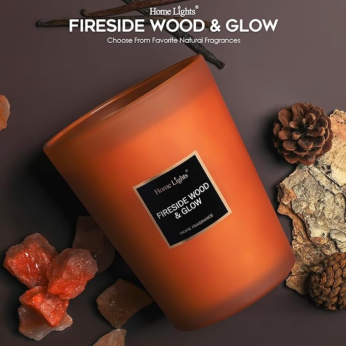 HomeLights Scented Candles - Large Jar Aromatherapy, Natural Soy Wax, 130 Hour Long Burning, Fireside Wood & Glow