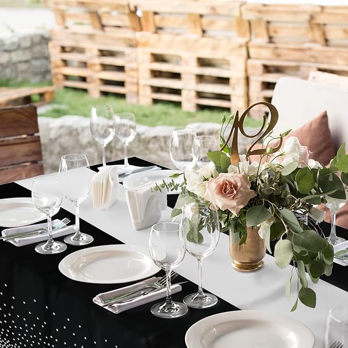 24Pack Disposable Plastic Tablecloths and Satin Table Runner Set Black and Silver Dot Tablecloth Silver Satin Table Runner for Wedding Birthday Baby Shower Anniversary Christmas New Year Party Supply