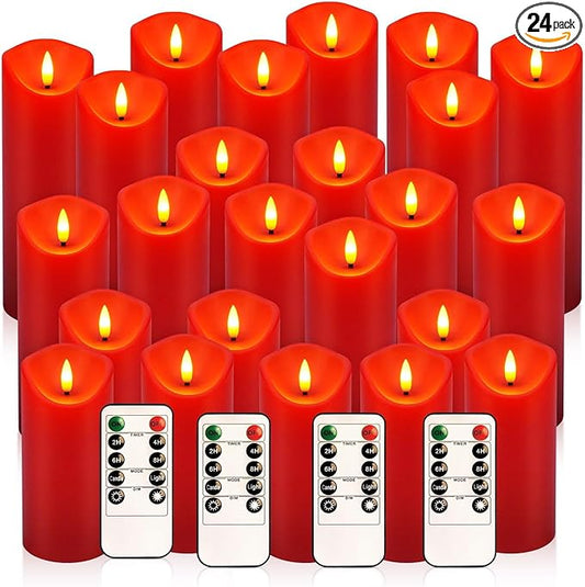 24-Pack Red Flameless LED Candles with Remote - Realistic Flickering Battery - Operated Pillar Candles forValentine's Day, Home Decor, Weddings, Parties.