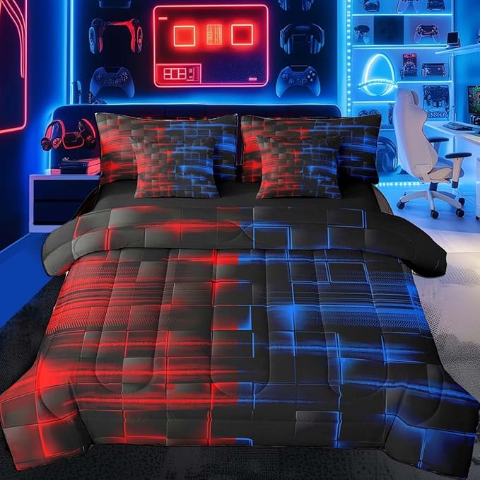 Feelyou Red Blue Bedding Set Twin Size Boys Girls Geometric Strip Lines Comforter Set with Sheets 7 Piece for Bed in a Bag Abstract Modern Bed Set with Comforter,Sheets,Pillowcases