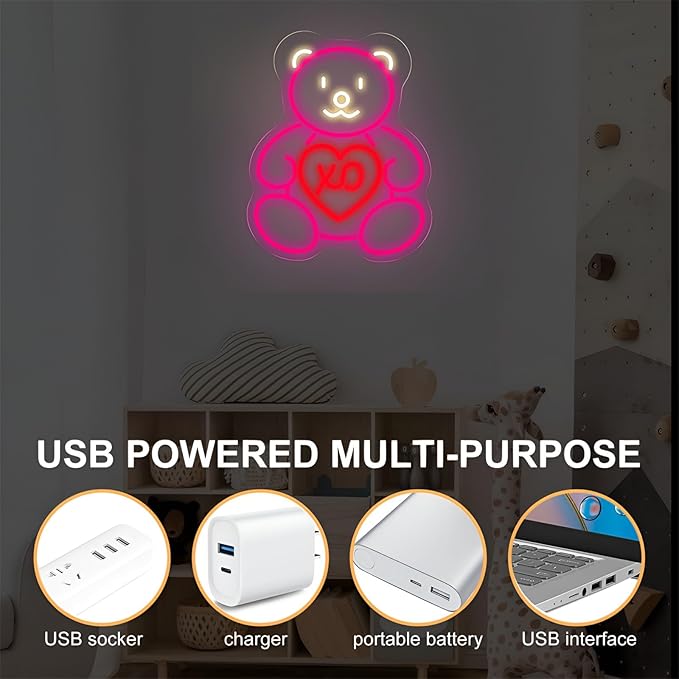 Pink Teddy Bear Neon Sign for Wall Decor, Sweet XO Heart LED Neon Light for Teen Girl Bedroom & Girlfriend Gift, Cute Neon Wall Art for Valentine’s Day Decor & Cozy Room Lighting 15.8"x12.6"