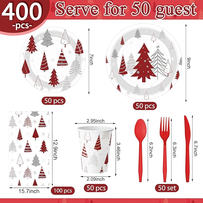 Pickmesh 400 Pcs Christmas Party Supplies Red Silver Xmas Tree Snowflake Disposable Paper Plates Napkins Cups Cutlery for Winter Xmas Christmas Birthday Party Table Decorations Serve 50