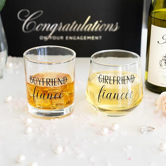Engagement Gifts for Couples – Mr & Mrs Gift Set for Him & Her – Whiskey and Wine Glasses with Diamond Wine Stopper, Wine Bag – Newly Engaged Present for Fiance