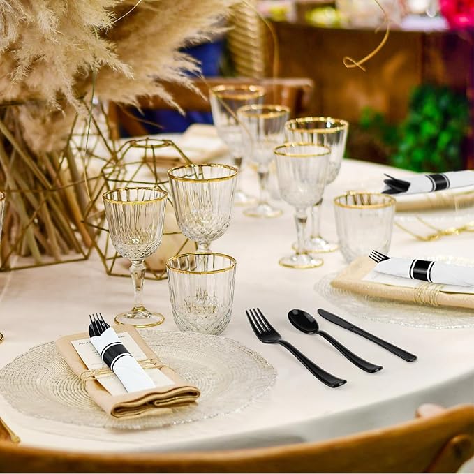 100Pack Black Plastic Silverware, Disposable Plastic Silverware with Napkins, Pre Rolled Black Spoons Forks Knives wiht Napkins, Heavy Duty Wrapped Cutlery Set for Party Wedding