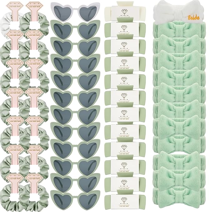 Bridesmaid Scrunchies Proposal Hair claws clips Set of 12 Bridal Shower heart sunglasses Gifts for Wedding Bachelorette Party Favors (48pcs White&Sage Green)