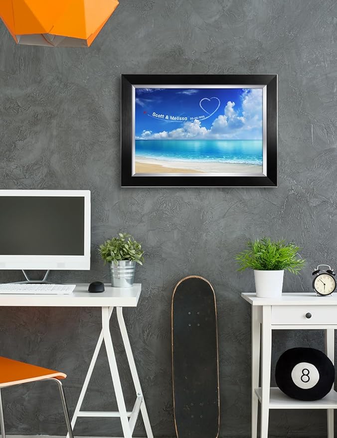IPIC - Seaside Skywriting Personalized Artwork with Names and Date on, Customized Gift for Anniversary,Wedding,Birthday and Holidays. Framed Size: 21x15