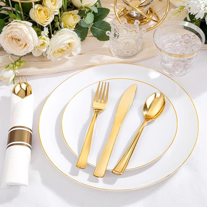 KIRE 175PCS Gold Plates Disposable - Heavy Duty White and Gold Plastic Plates Dinnerware Sets - 25 for Dinner 25 for Dessert 25 Pre Rolled Napkins and 25 Cups for Birthday/Valentine's Day/Wedding