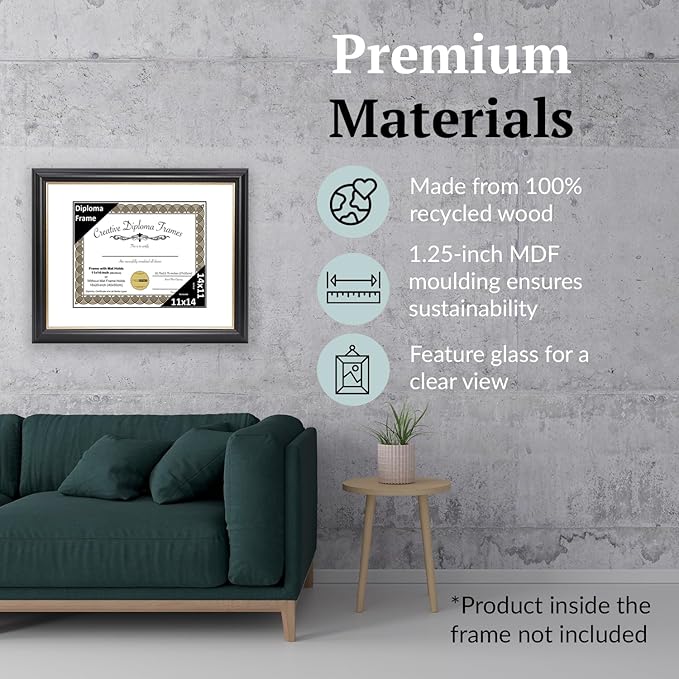 Creative Picture Frames 11" x 14" Rockefeller Black with Gold Rim Diploma Frame, Displays 11" x 14" Certificate or 16" x 20" Document without Mat, College Degree Frame, Full-Strength Glass, White Mat