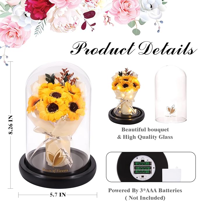 Valentines Day Gifts, Sunflower Gift for Mom-Preserved Artificial Rose Flower Gifts for Women Friends Sunflower Gifts for Her,Light Up Rose in Glass Dome-Thankgiving Birthday Valentine Anniversary